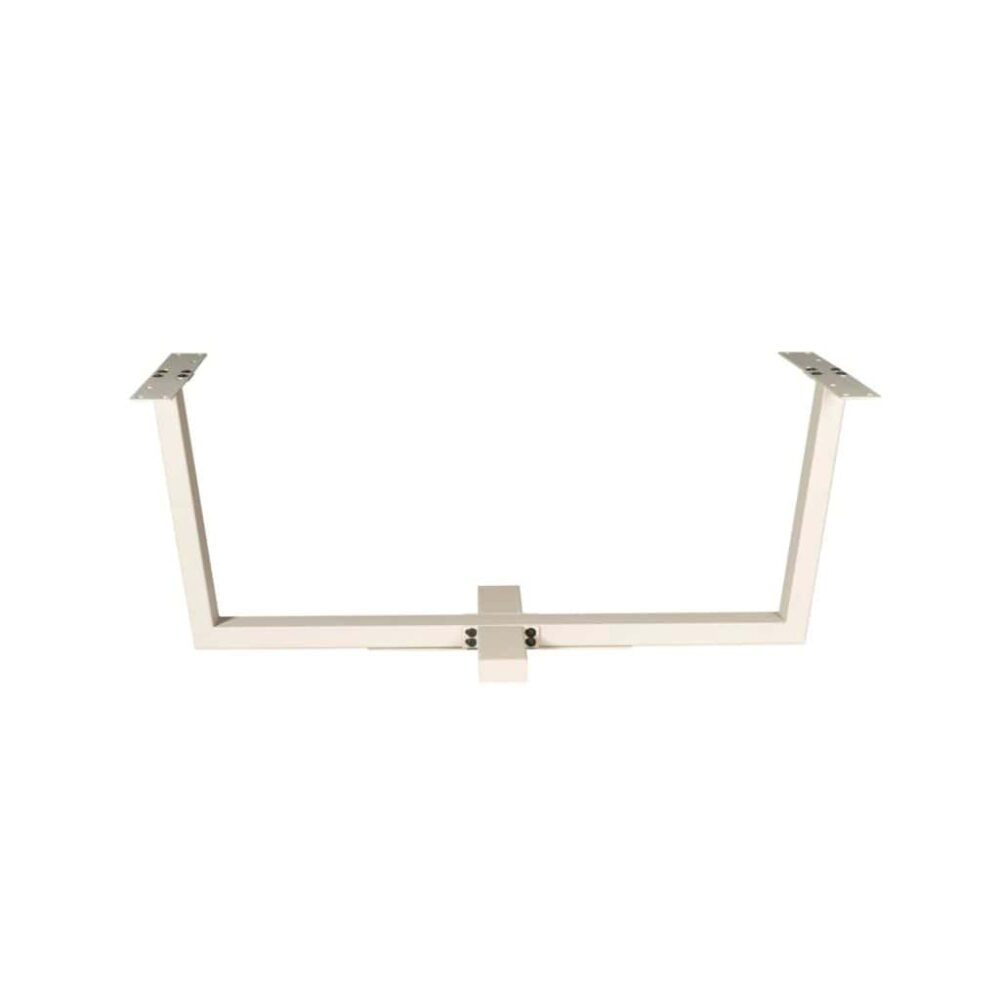 Weißer Sockeltisch mit Befestigungspunkten aus Metall für einen modernen Ess- oder Couchtisch.