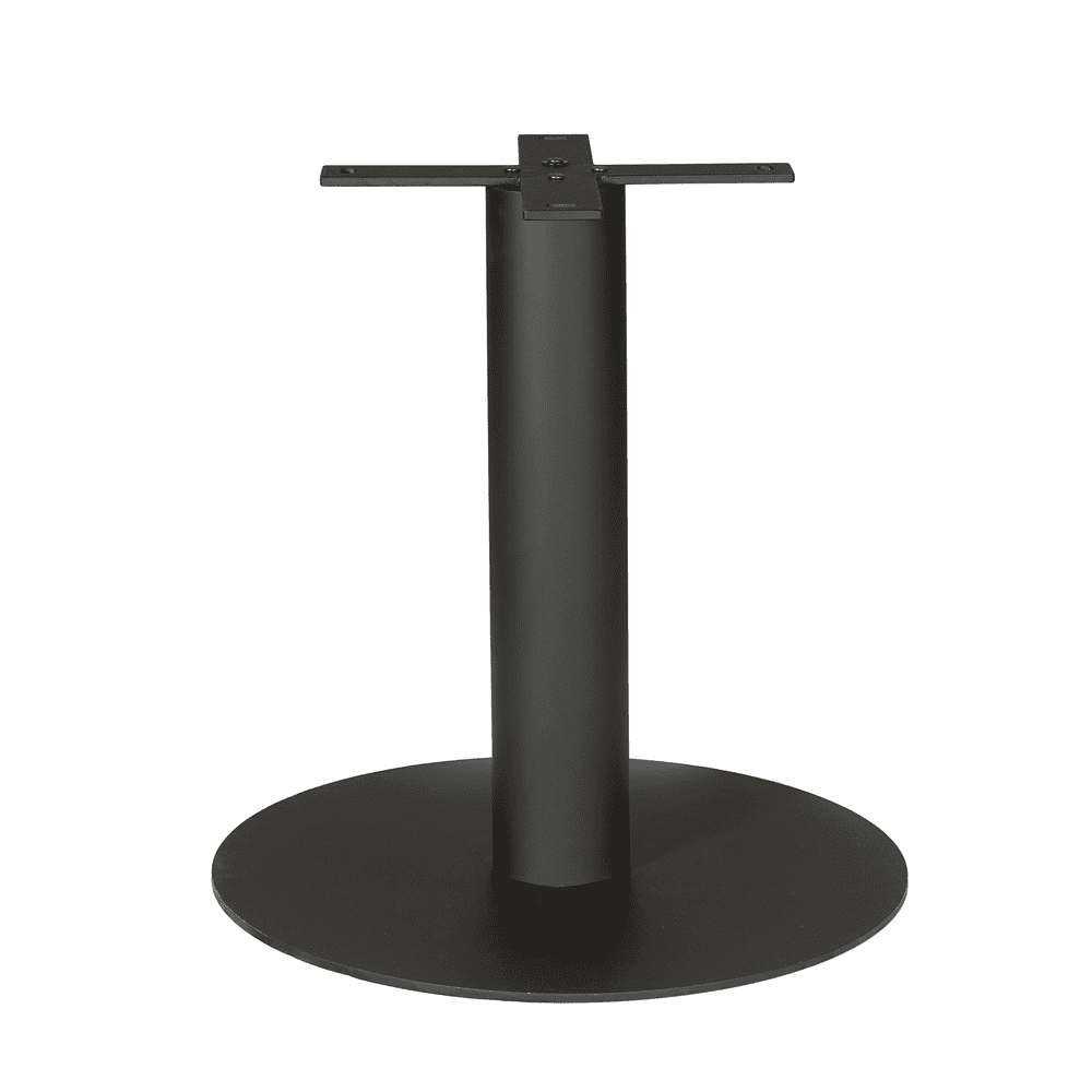Robuust zwart tafelonderstel met ronde voet, geschikt voor maatwerk tafels en industriële interieurontwerpen. Hoogwaardige afwerking en stabiele constructie.