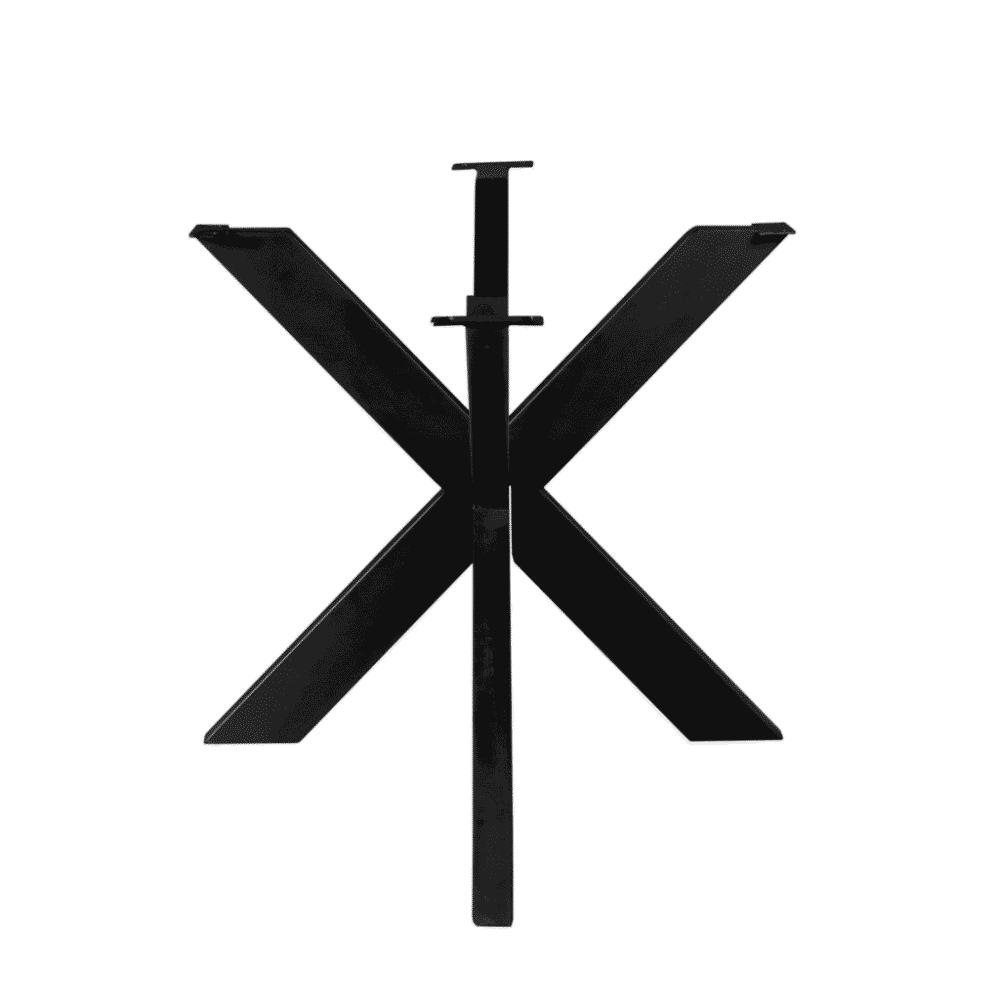 Minimalistisch zwart metalen tafelonderstel voor diningtafels, modern industrieel design, hoogwaardige afwerking, geschikt voor maatwerk tafels, stevige constructie, elegante en tijdloze meubelonderdelen.