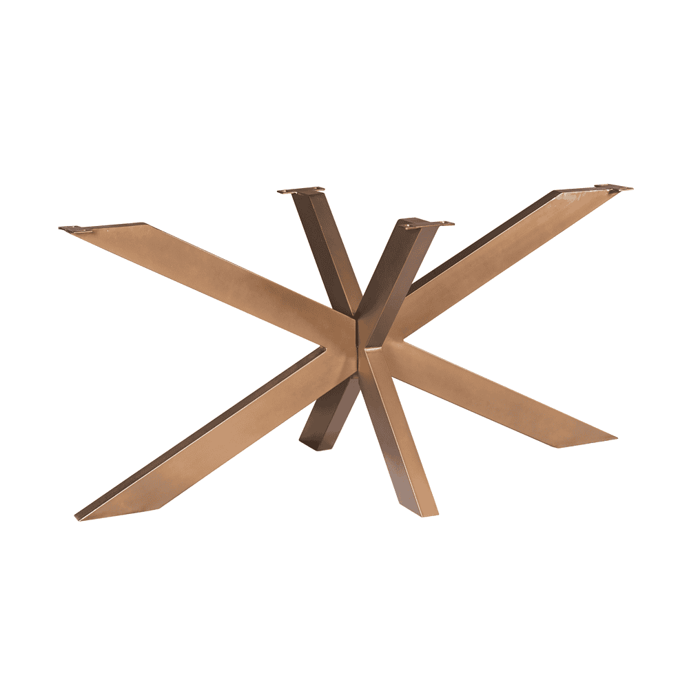 Gouden metalen tafelonderstel voor Mokana meubels, modern en luxe design, stevige constructie, geschikt voor eettafels en werktafels, maatwerk mogelijk, stijlvolle designmeubel basis.