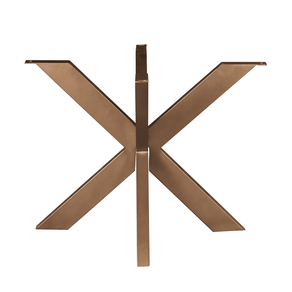 Robuuste metalen tafelonderstel in een matbruine finish, geschikt voor maatwerk tafels en eettafels, modern design, stevige constructie, geschikt voor zowel privé als zakelijke omgevingen.