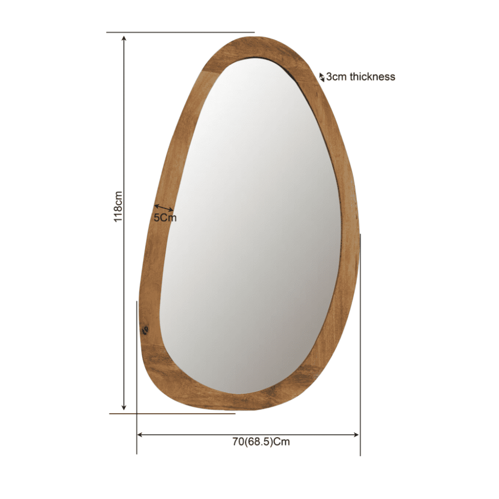 Hoogwaardige houten spiegel met natuurlijke afwerking, 118 cm hoog en 70 cm breed, geschikt voor moderne en landelijke interieurstijlen, duurzame materialen, elegant ontwerp.