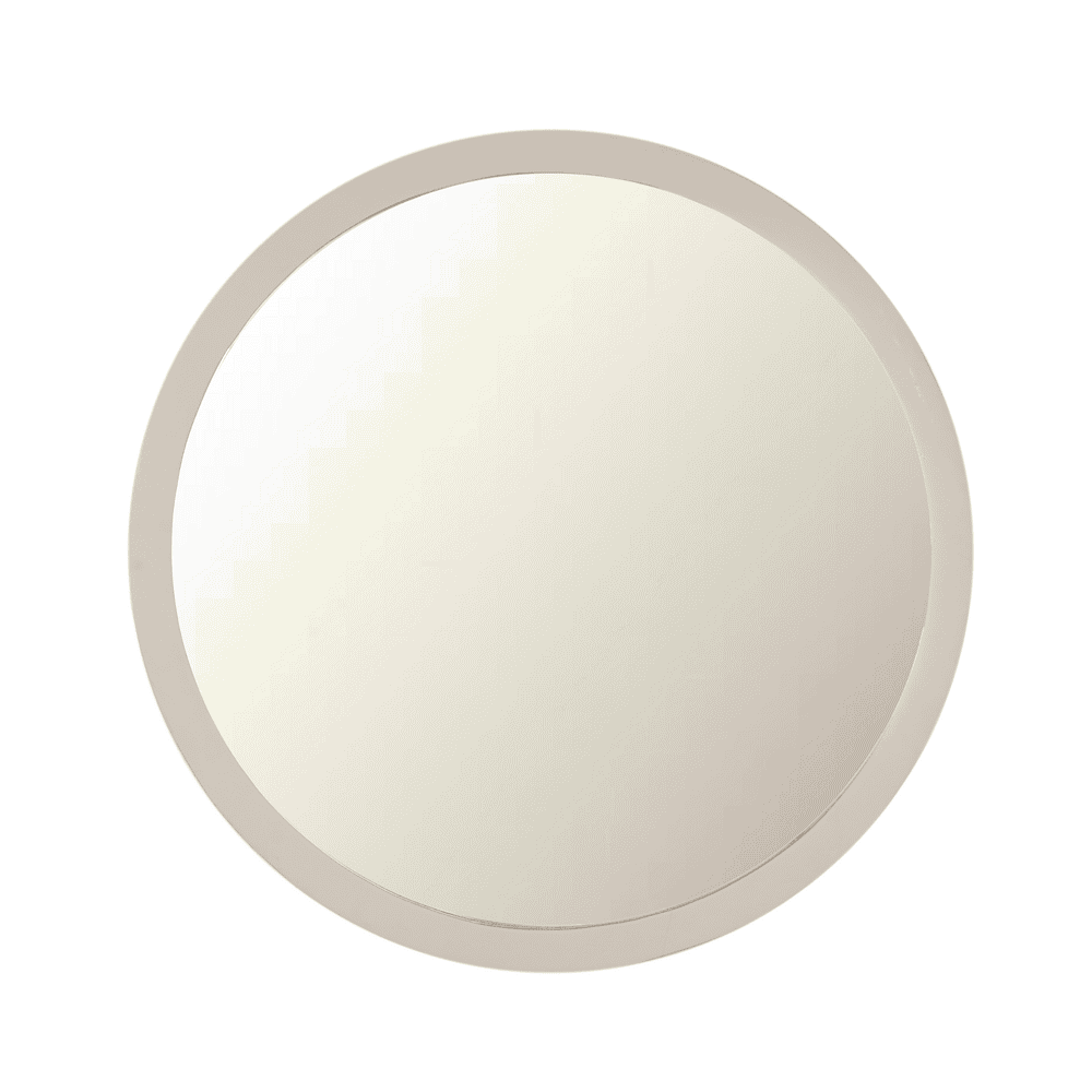 Strakke ronde muurspiegel met witte rand, modern design en optisch verbluffend effect.