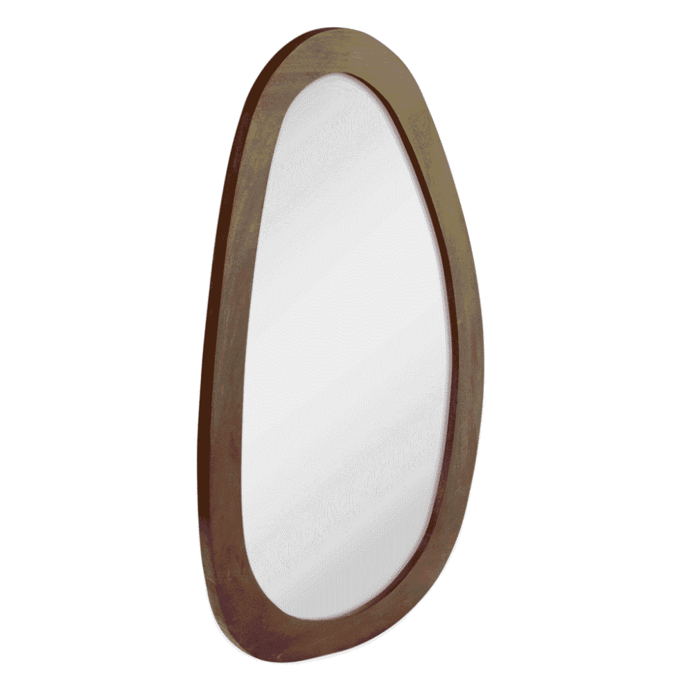 Strakke houten spiegel met ovale vorm, modern design, geschikt voor entree of slaapkamer, gemaakt door Mokana Meubelen.