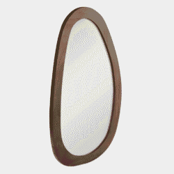 Strakke houten spiegel met ovale vorm, modern design, geschikt voor entree of slaapkamer, gemaakt door Mokana Meubelen.