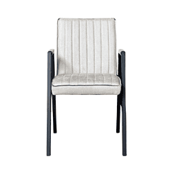 Elegant eetkamerstoel met zwarte houten frame en zacht, beige velvet bekleding, ontworpen voor modern interieur en comfort.