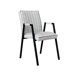 Moderne eetstoel met beige bekleding en zwarte houten frame, perfect voor stijlvolle en comfortabele eethoeken.