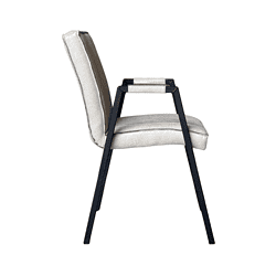 Elegante armstoel met zwart metalen frame en luxe beige bekleding, perfect voor moderne woon- of kantoorinrichting. Ontdek hoogwaardige meubels bij Mokana Meubelen voor stijl en comfort.