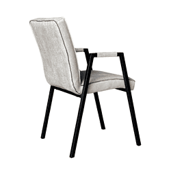 Leren elegante eetkamerstoel met zwarte houten frame, comfortabel bekleed in zijdeachtige stof, perfect voor modern interieur.