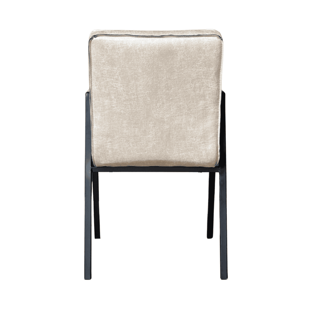 Design eetkamerstoel met zwarte frame en beige bekleding, elegante en comfortabele meubelstukken van Mokana Meubelen.