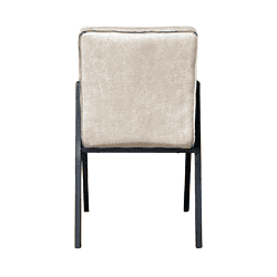Design eetkamerstoel met zwarte frame en beige bekleding, elegante en comfortabele meubelstukken van Mokana Meubelen.
