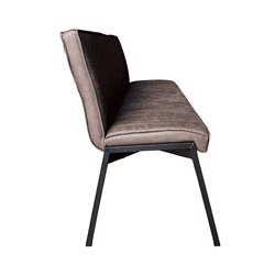 Modern eettafelstoel met mix van stoffen en leren, zwart metalen poten, stijlvol en comfortabel meubel van Mokana Meubelen.