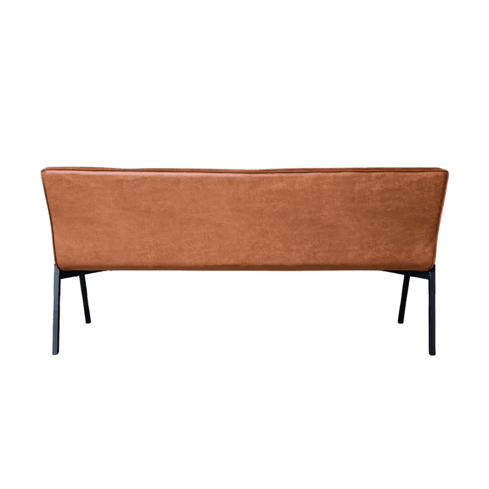 Chiavari design bank met zwart metalen poten en een elegante, oranjebruine stoffen bekleding, perfect voor een modern interieur.