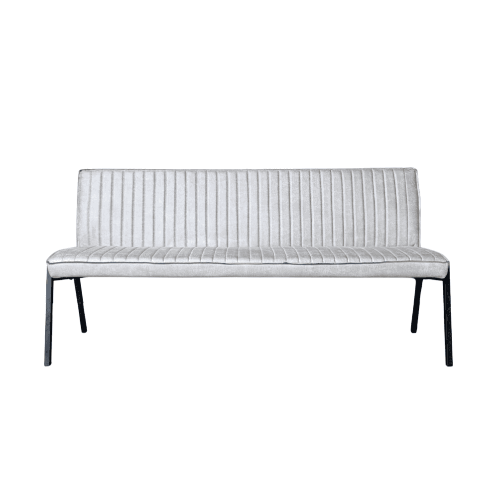 Modern houten bank met stoffen bekleding en zwart frame, perfect voor moderne interieurdecoratie, comfortabel zitmeubel voor woonkamer of hal.
