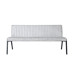 Modern houten bank met stoffen bekleding en zwart frame, perfect voor moderne interieurdecoratie, comfortabel zitmeubel voor woonkamer of hal.
