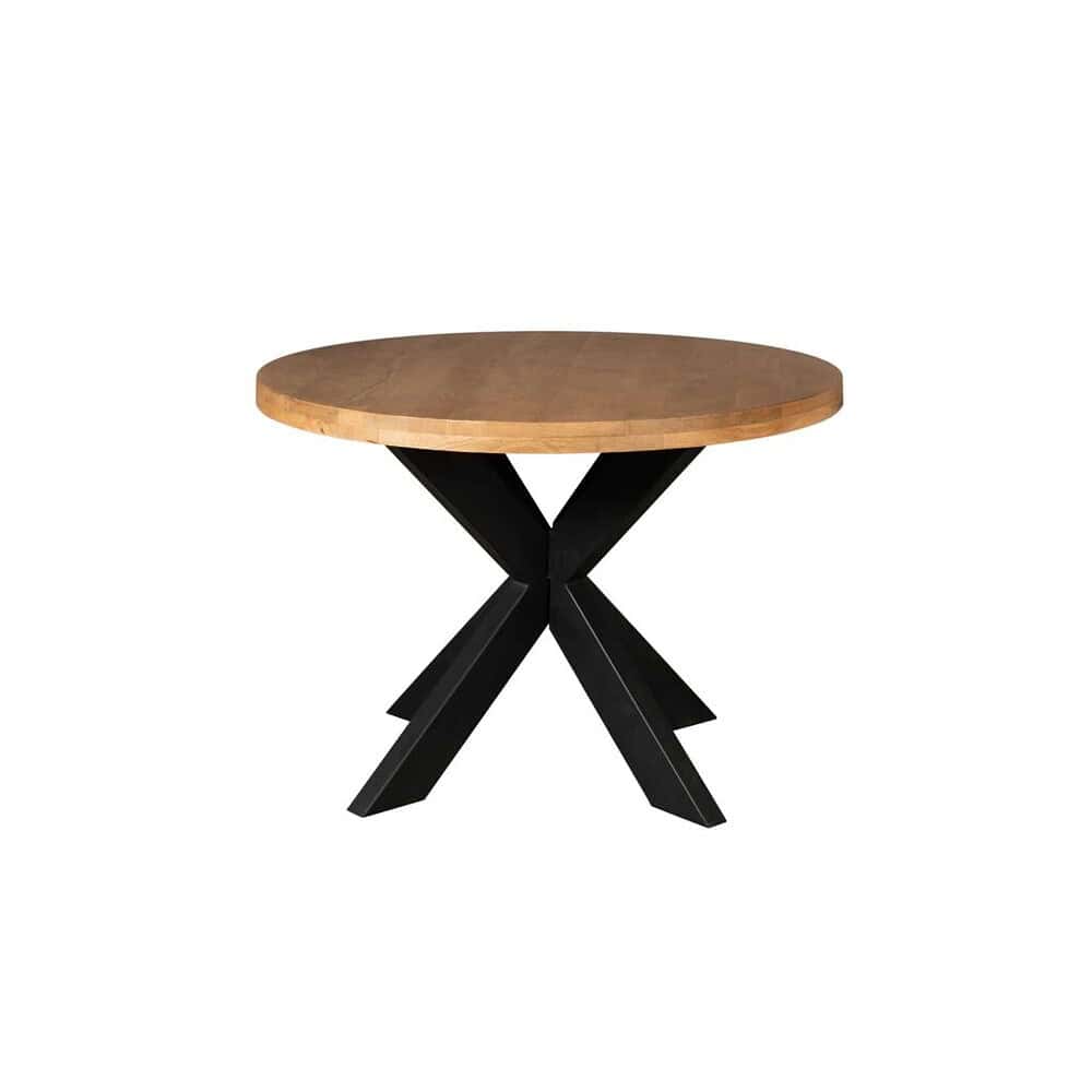 Modern eettafel met rond houten blad en zwart metalen sculptuur onderstel, perfect voor een eigentijdse woonruimte.