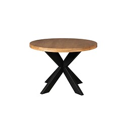 Modern eettafel met rond houten blad en zwart metalen sculptuur onderstel, perfect voor een eigentijdse woonruimte.