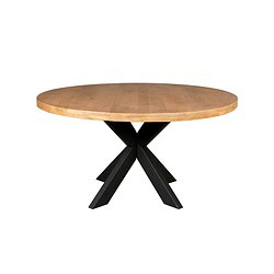 Rond houten eettafel met zwart metalen onderstel, modern en stijlvol design, perfect voor eetkamers en interieurs, hoogwaardige houtafwerking, Mokana Meubelen.