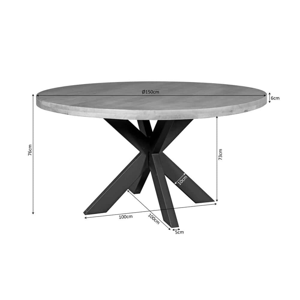 Elegante ronde eettafel met een basalt zwart metalen onderstel en een robuuste 150 cm diameter beton look blad, perfect voor moderne interieurs en gezellig tafelen.