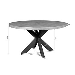 Elegante ronde eettafel met een basalt zwart metalen onderstel en een robuuste 150 cm diameter beton look blad, perfect voor moderne interieurs en gezellig tafelen.