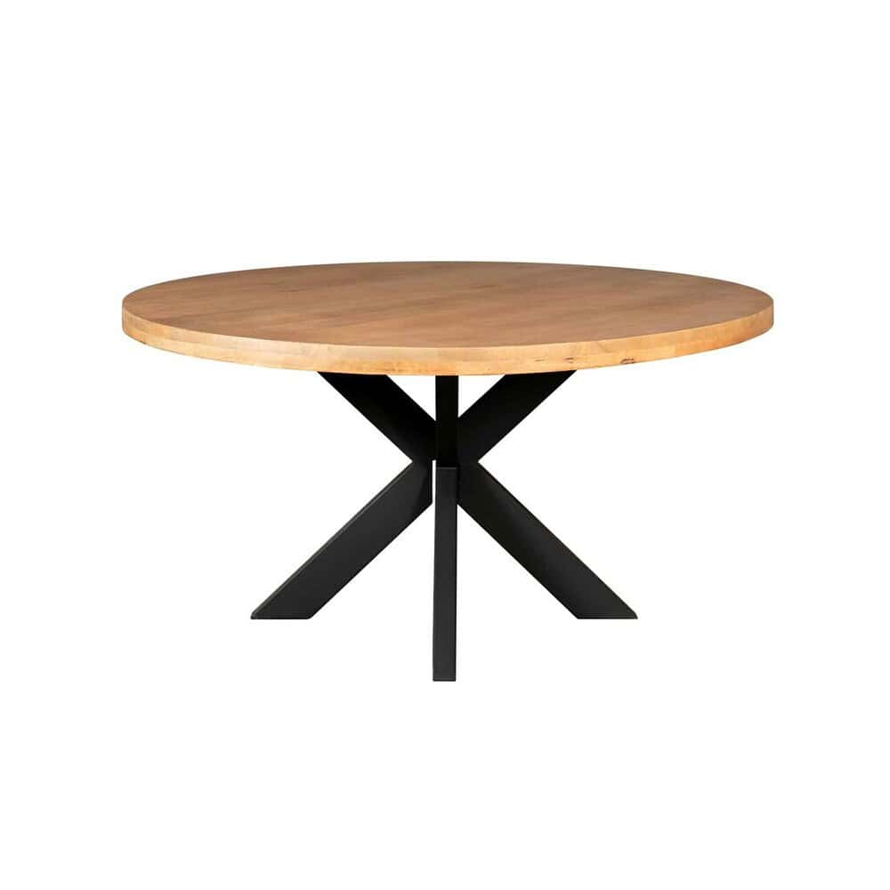 Stalen eettafel met rond houten blad en zwarte onderstel, modern design, perfect voor een stijlvolle woonkamer of eetkamer.