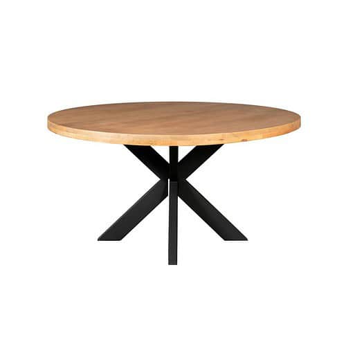 Stalen eettafel met rond houten blad en zwarte onderstel, modern design, perfect voor een stijlvolle woonkamer of eetkamer.