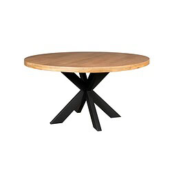 Ronde houten eettafel met zwart metalen onderstel, modern design, duurzaam ambachtelijk meubelstuk, perfect voor eetkamer of vergaderruimte, stijlvolle en functionele houten tafel, maatwerk mogelijk.