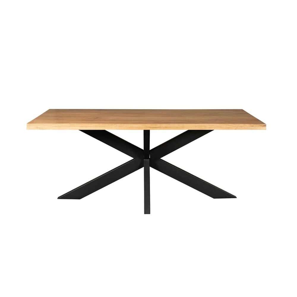 Elegante eettafel met houten tafelblad en zwart metalen onderstel, perfect voor moderne interieurs en gezellige diners.