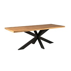 Modern eettafel met een massief houten blad en een uniek zwart metalen onderstel, perfect voor stijlvolle eetkamers en eetruimtes.