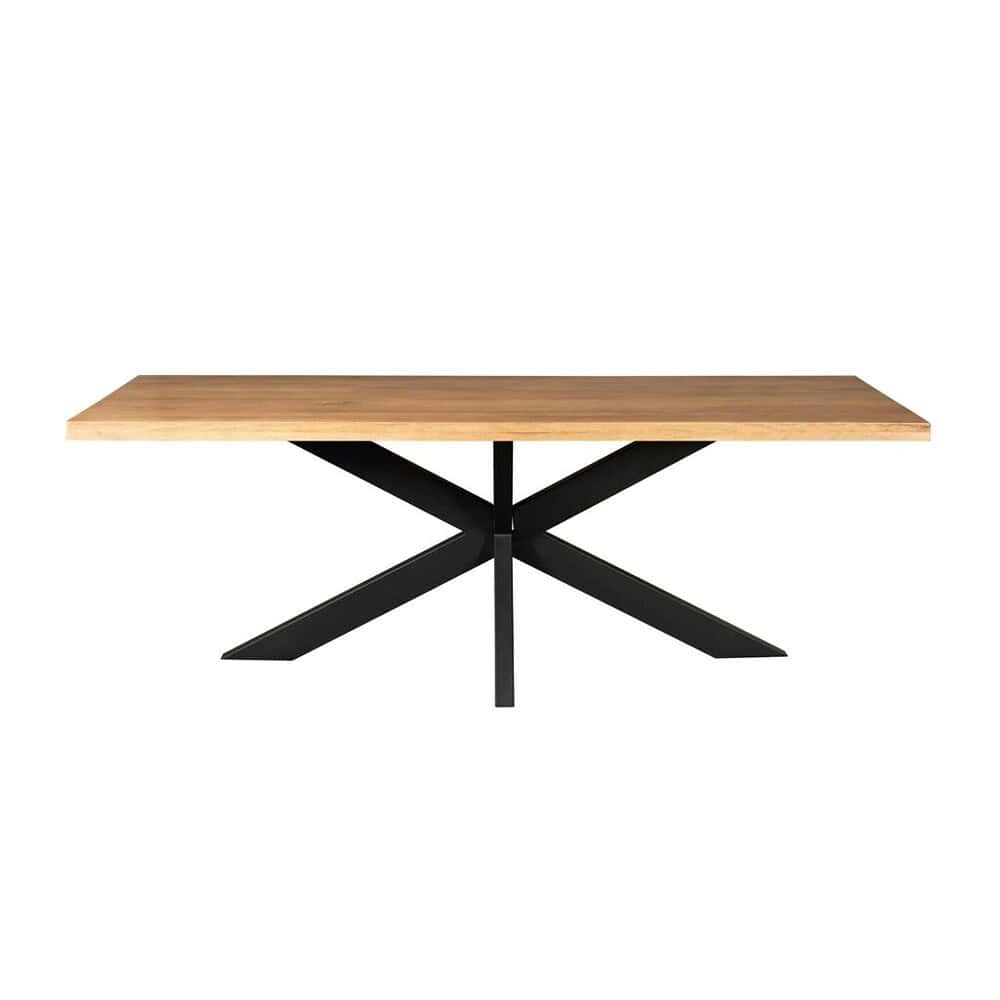 Massief eettafel van hout en metalen frame, modern en strak design, perfect voor eetkamers en keukens.