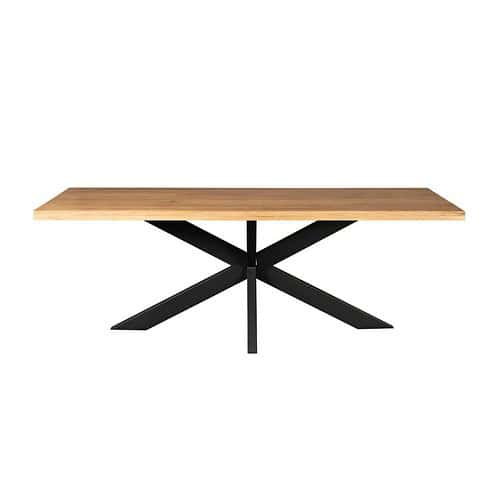 Massief eettafel van hout en metalen frame, modern en strak design, perfect voor eetkamers en keukens.