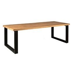 Robuuste houten eettafel met zwart metalen frame, moderne industriële stijl, perfect voor eetkamer of office, uniek design, duurzame materialen.