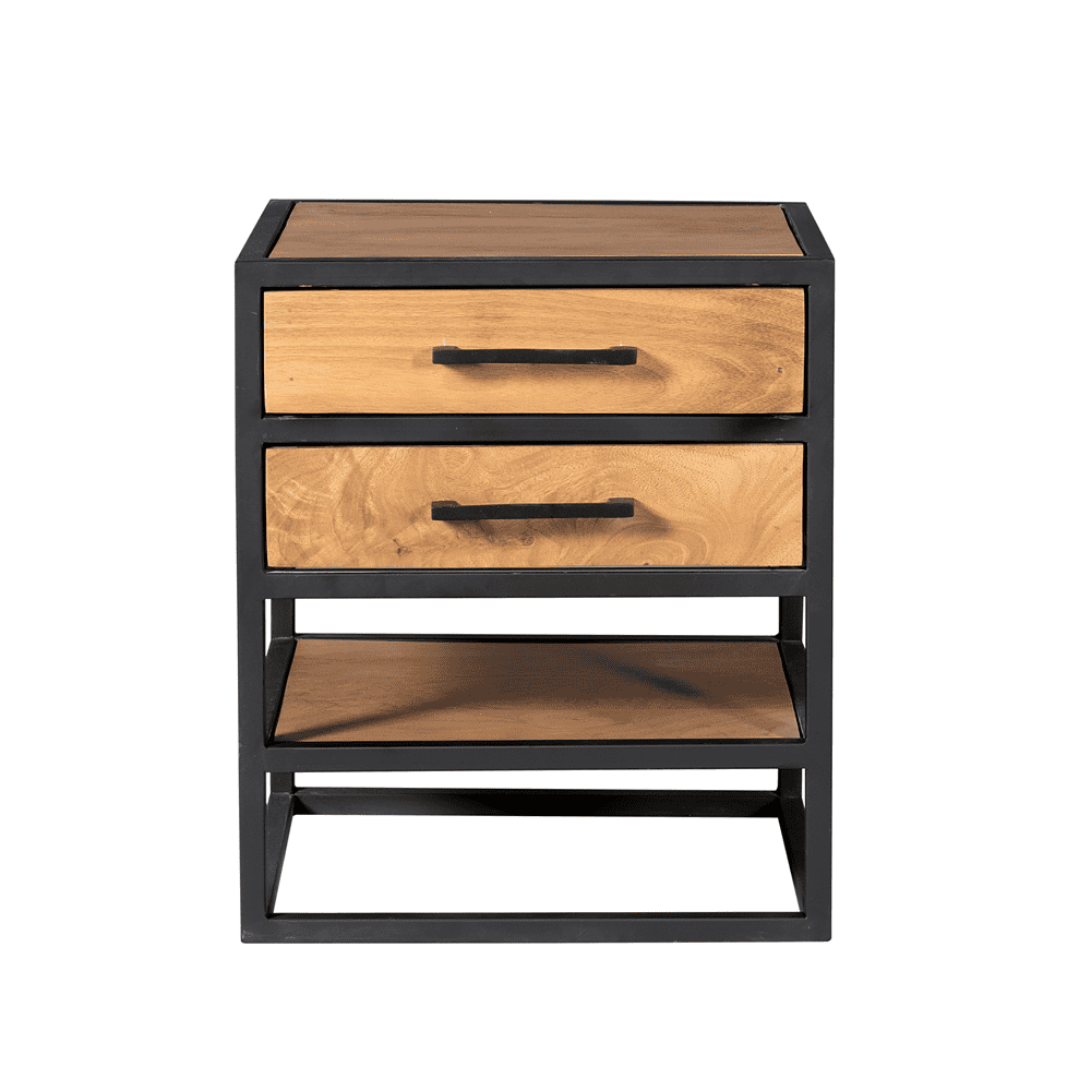 Modern industrieel nachtkastje met houten laden en zwart metalen frame, stijlvol en functioneel.