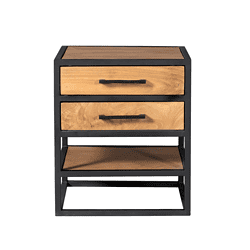 Modern industrieel nachtkastje met houten laden en zwart metalen frame, stijlvol en functioneel.