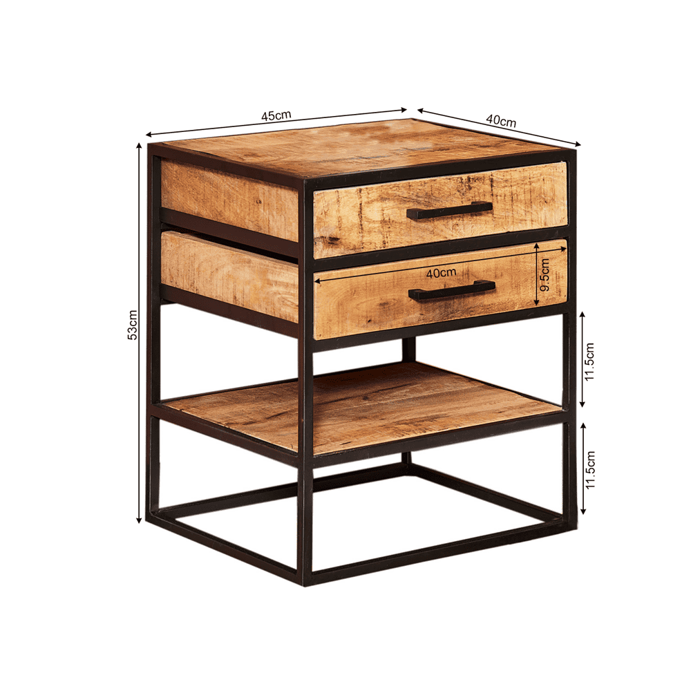 Minimalist houten nachtkastje met metalen frame en natuurlijke afwerking, perfect voor industrieel of modern interieur.
