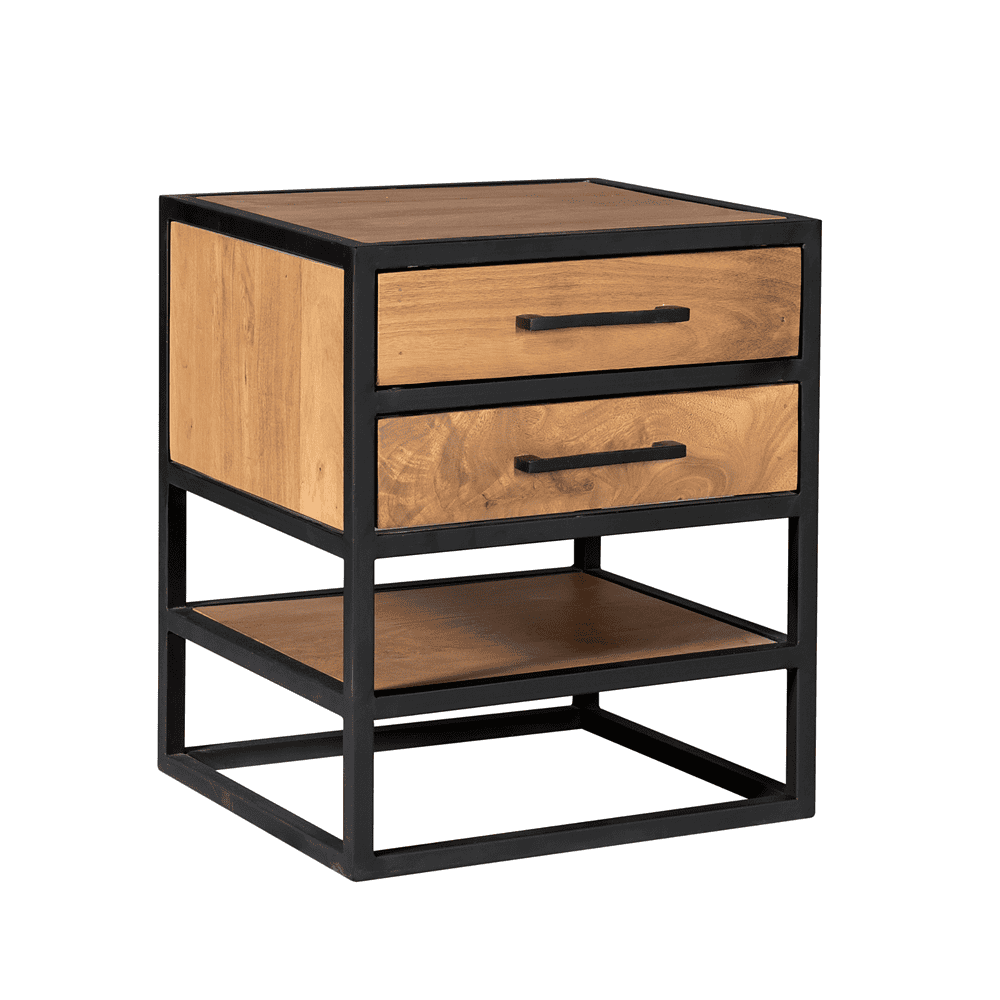 Robuuste houten nachtkastje met zwart metalen frame, twee lades en lage plank voor extra opbergruimte, perfect voor modern interieur en slaap- of slaapkamer.