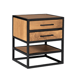 Robuuste houten nachtkastje met zwart metalen frame, twee lades en lage plank voor extra opbergruimte, perfect voor modern interieur en slaap- of slaapkamer.