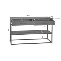 Robuuste houten console tafel met ruime lade en metalen frame, perfect voor origineel woonkamer of entree, grote afmetingen en praktisch design voor extra opbergruimte.