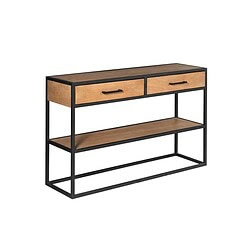 Robuuste industriële houten salontafel met zwart metalen frame en twee opberglades, perfect voor een modern interieur.