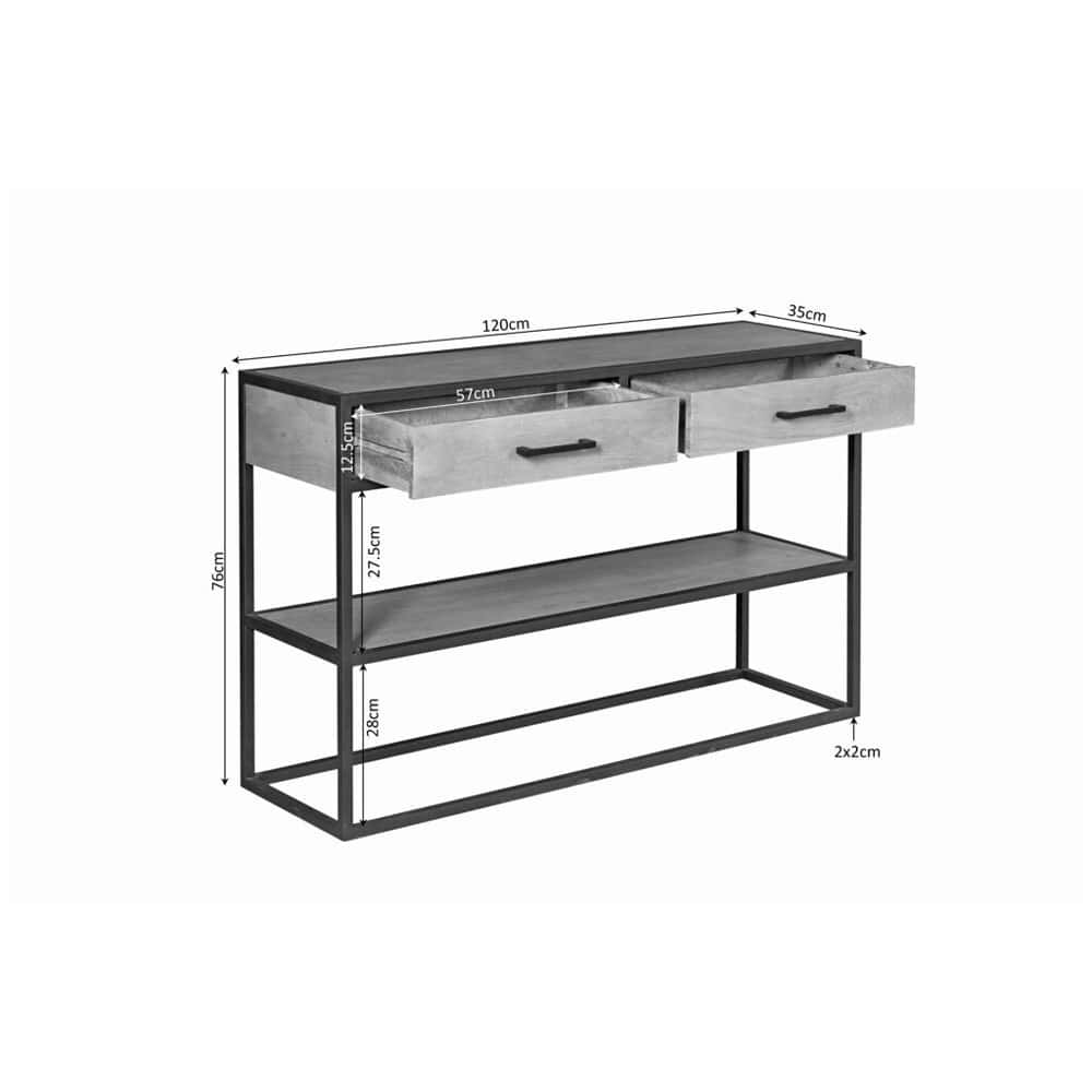 Steigerhouten dressoir met zwart metalen frame, 2 open vakken en 2 lades, industrieel design, maat 120x35 cm, geschikt voor woonkamer of hal.