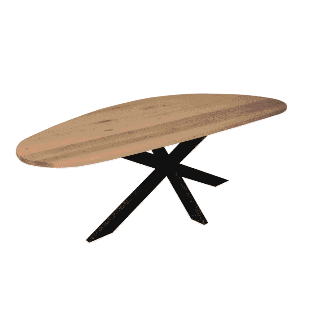 Eetkamtafel gemaakt van massief eikenhout met zwart metalen onderstel, modern en elegant ontwerp, perfect voor een hedendaagse woonkamer of eetruimte.