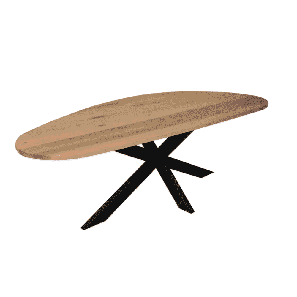Ronde eettafel van massief hout met zwarte metalen onderstel, modern design, perfect voor eetkamers en woonruimtes.