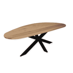 Ronde eettafel van massief hout met zwarte metalen onderstel, modern design, perfect voor eetkamers en woonruimtes.
