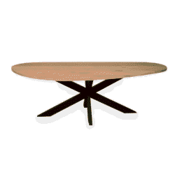 Natural houten eettafel met zwart metalen onderstel, modern design, perfect voor eetkamers, woonkamers en stijlvolle interieurs. Een duurzame en elegante keuze voor elk huis.