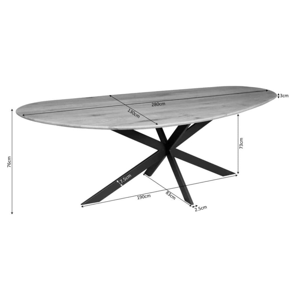 Modern eettafel met houten blad en zwart metalen onderstel, perfect voor een gezellige eetruimte of kantoor, met afmetingen van 280 cm lang en 130 cm breed.