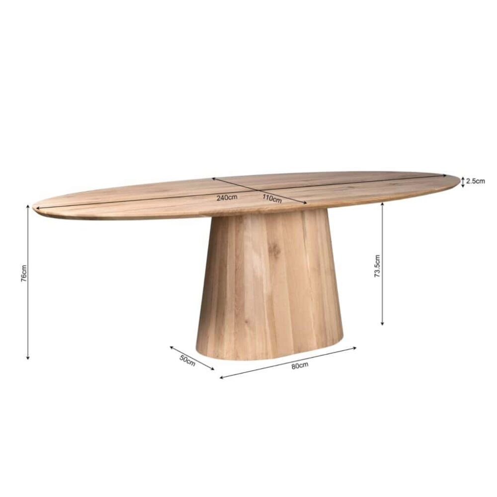 Elegante houten eettafel Mokana met ovale blad, natuurlijke uitstraling en uniek ontwerp, perfect voor moderne woonkamers en eetkamers, gemaakt van duurzaam hout, afmetingen 240x110 cm.