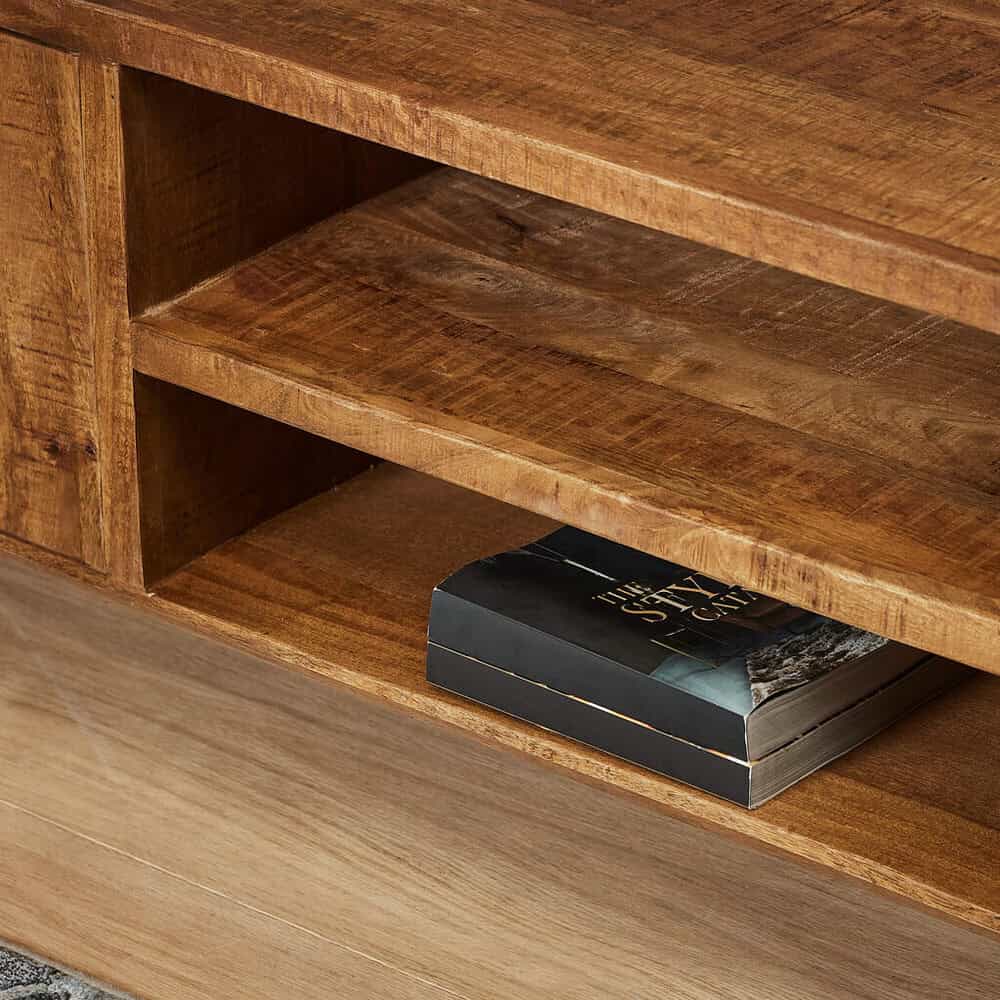 Natuurlijke houten meubel met gesloten opberglade en boek in open vak, modern design, duurzame kwaliteit, perfect voor woonkamer of kantoor, mokana.nl.