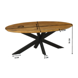 Robuuste houten eettafel met zwarte metalen onderstel, 160 cm lengte, perfecte meubelkeuze voor moderne eetkamers, handgemaakt design, duurzaam kwaliteitsmateriaal.