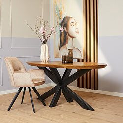 Elegante eettafel met massief houten blad en zwart metalen onderstel, perfect voor moderne interieurontwerpen en maatwerk meubels.