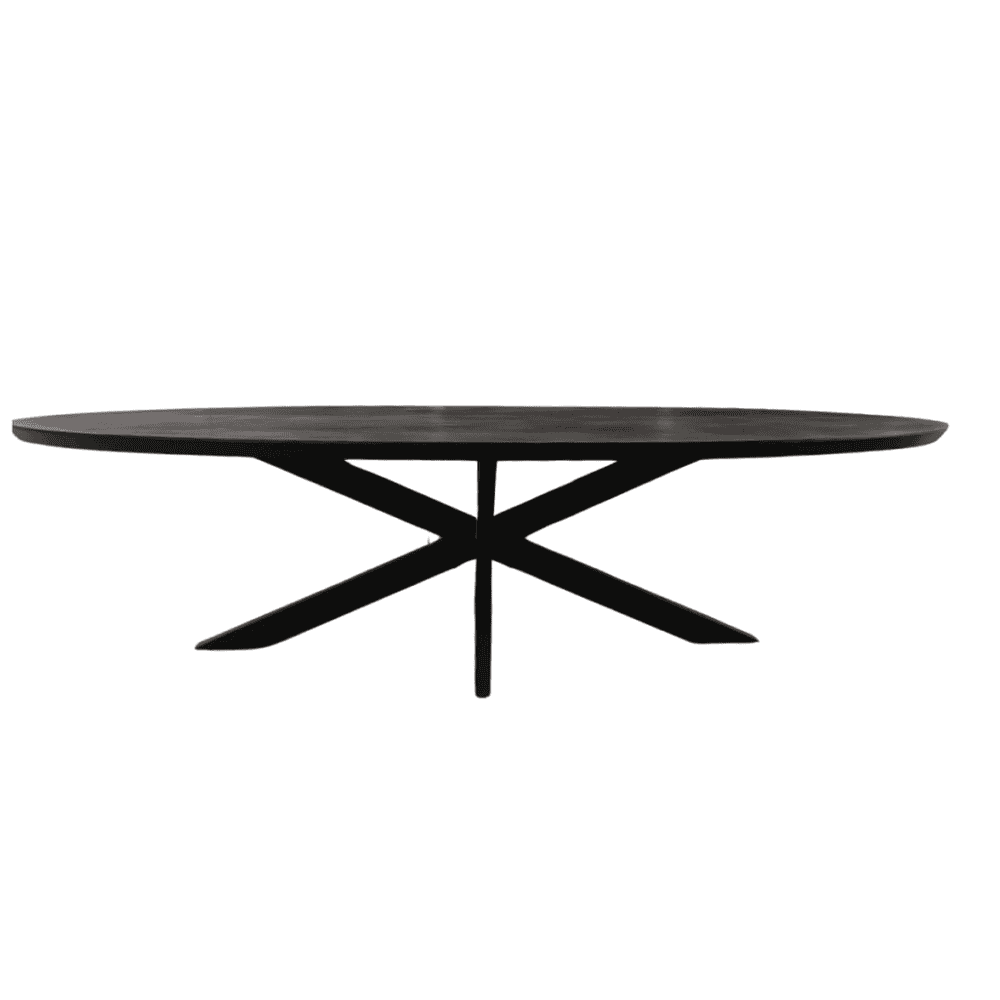 Massief eettafel met zwart houten afwerking en unieke sculpturale basis voor moderne interieurs. Perfect voor dining, meetings of als statement piece in elke woonruimte. Hoogwaardige meubelkwaliteit.